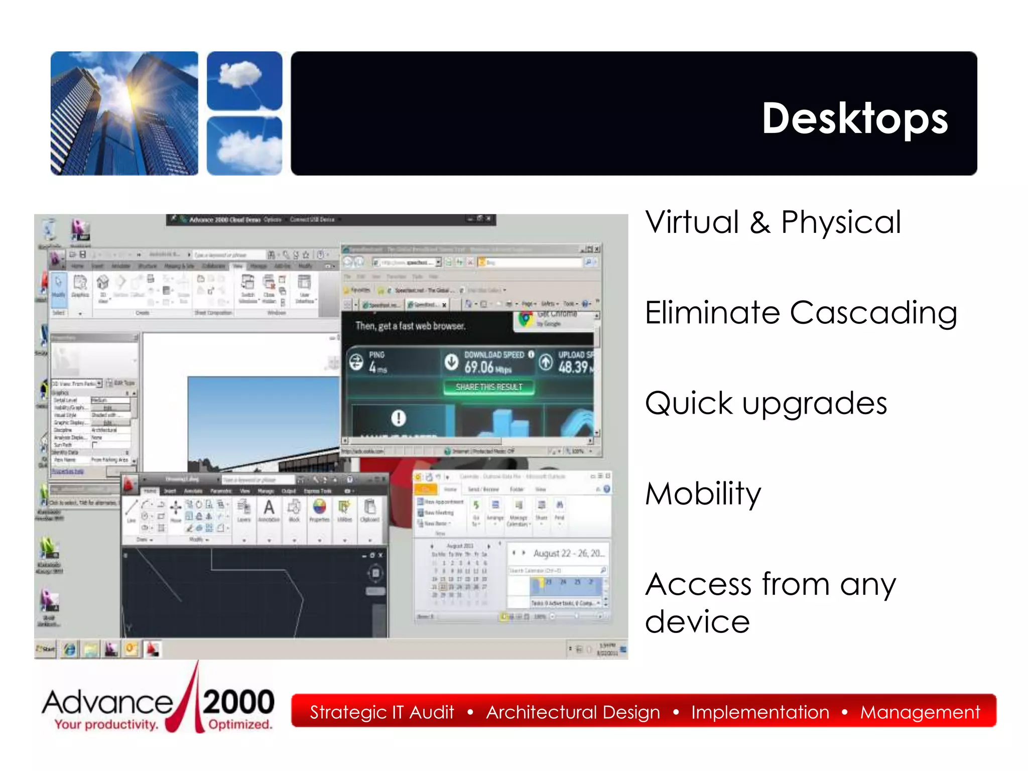 Desktops

                                   Virtual & Physical

                                   Eliminate Cascading

                                   Quick upgrades

                                   Mobility

                                   Access from any
                                   device

Strategic IT Audit • Architectural Design • Implementation • Management
 