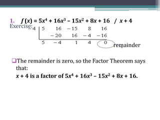Exercise:
1. f (x) = 5x4 + 16x3 – 15x2 + 8x + 16 / x + 4
remainder
The remainder is zero, so the Factor Theorem says
that:
x + 4 is a factor of 5x4 + 16x3 – 15x2 + 8x + 16.
 