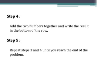 Step 4 :
Add the two numbers together and write the result
in the bottom of the row.
Step 5 :
Repeat steps 3 and 4 until you reach the end of the
problem.
 