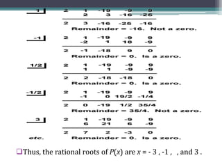 Thus, the rational roots of P(x) are x = - 3 , -1 , , and 3 .
 