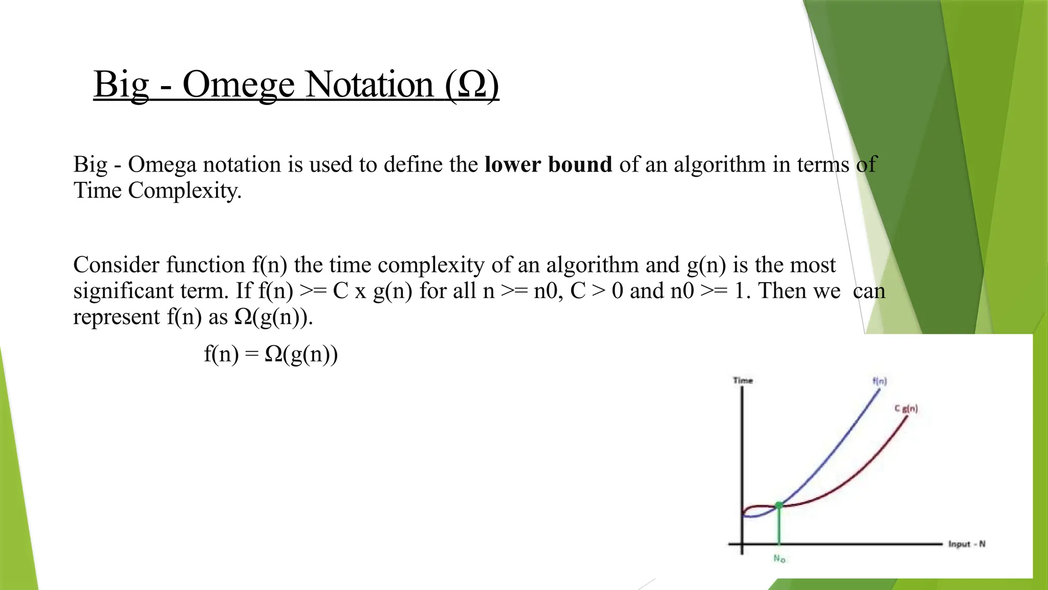 Big - Omege Notation (Ω)
Big - Omega notation is used to define the lower bound of an algorithm in terms of
Time Complexity.
Consider function f(n) the time complexity of an algorithm and g(n) is the most
significant term. If f(n) >= C x g(n) for all n >= n0, C > 0 and n0 >= 1. Then we can
represent f(n) as Ω(g(n)).
f(n) = Ω(g(n))
 