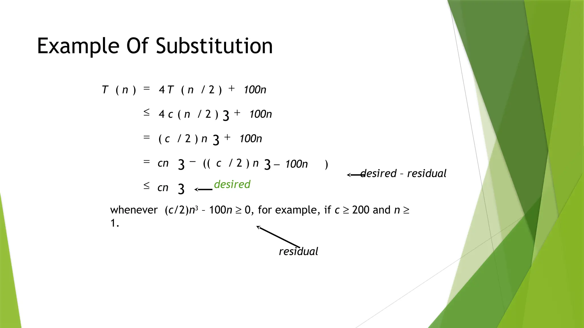 Example Of Substitution
desired – residual
whenever (c/2)n3
– 100n ³ 0, for example, if c ³ 200 and n ³
1.
desired
residual
3
3
3
3
3
)
)
2
/
((
)
2
/
(
)
2
/
(
4
)
2
/
(
4
)
(
cn
100n
n
c
cn
100n
n
c
100n
n
c
100n
n
T
n
T
£
-
-
=
+
=
+
£
+
=
 
