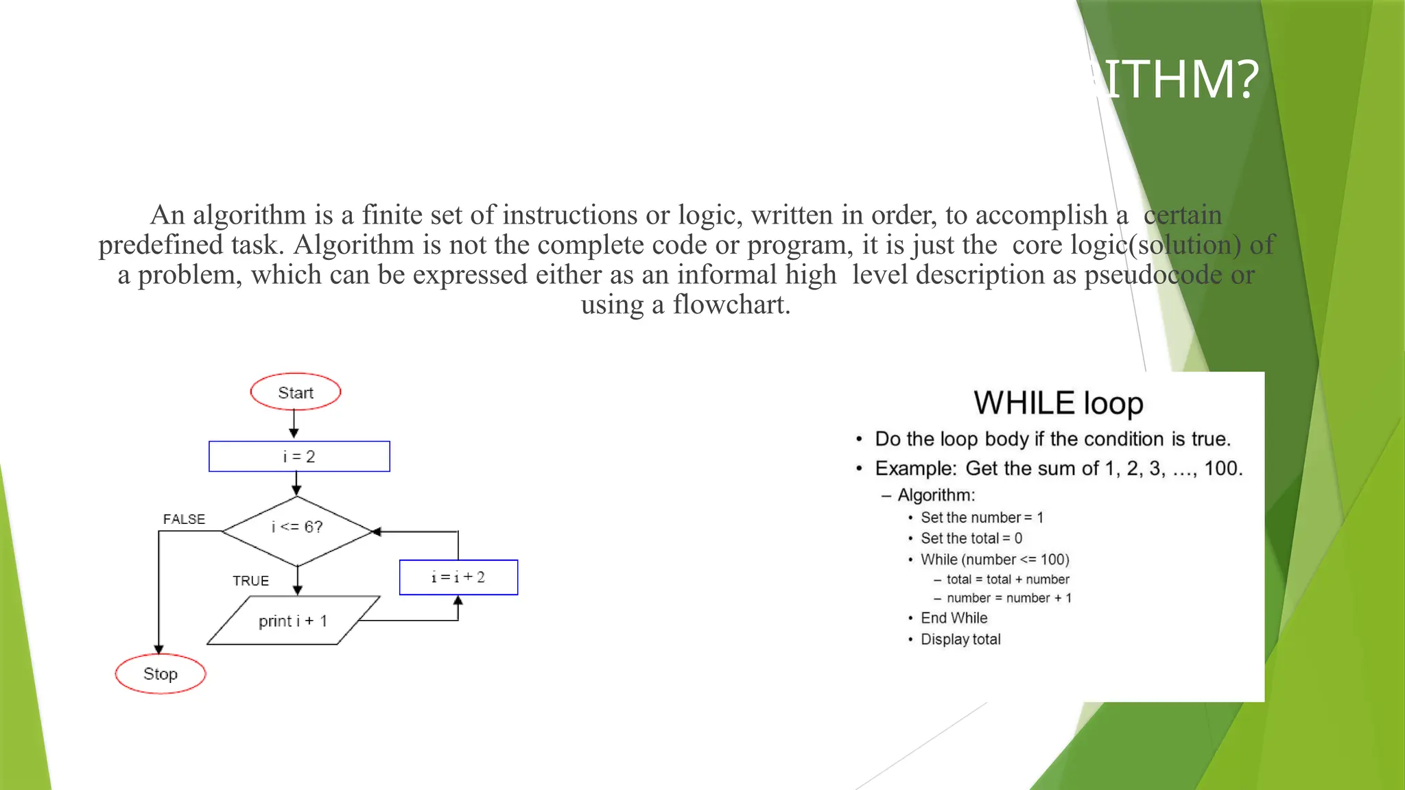 WHAT IS AN ALGORITHM?
An algorithm is a finite set of instructions or logic, written in order, to accomplish a certain
predefined task. Algorithm is not the complete code or program, it is just the core logic(solution) of
a problem, which can be expressed either as an informal high level description as pseudocode or
using a flowchart.
 