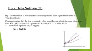 Big - Theta notation is used to define the average bound of an algorithm in terms of
Time Complexity.
Consider function f(n) the time complexity of an algorithm and g(n) is the most significant
term. If C1g(n) <= f(n) >= C2 g(n) for all n >= n0, C1, C2 > 0 and n0 >=
1. Then we can represent f(n) as Θ(g(n)).
f(n) = Θ(g(n))
Big - Theta Notation (Θ)
 