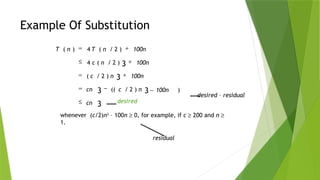Example Of Substitution
desired – residual
whenever (c/2)n3
– 100n ³ 0, for example, if c ³ 200 and n ³
1.
desired
residual
3
3
3
3
3
)
)
2
/
((
)
2
/
(
)
2
/
(
4
)
2
/
(
4
)
(
cn
100n
n
c
cn
100n
n
c
100n
n
c
100n
n
T
n
T
£
-
-
=
+
=
+
£
+
=
 