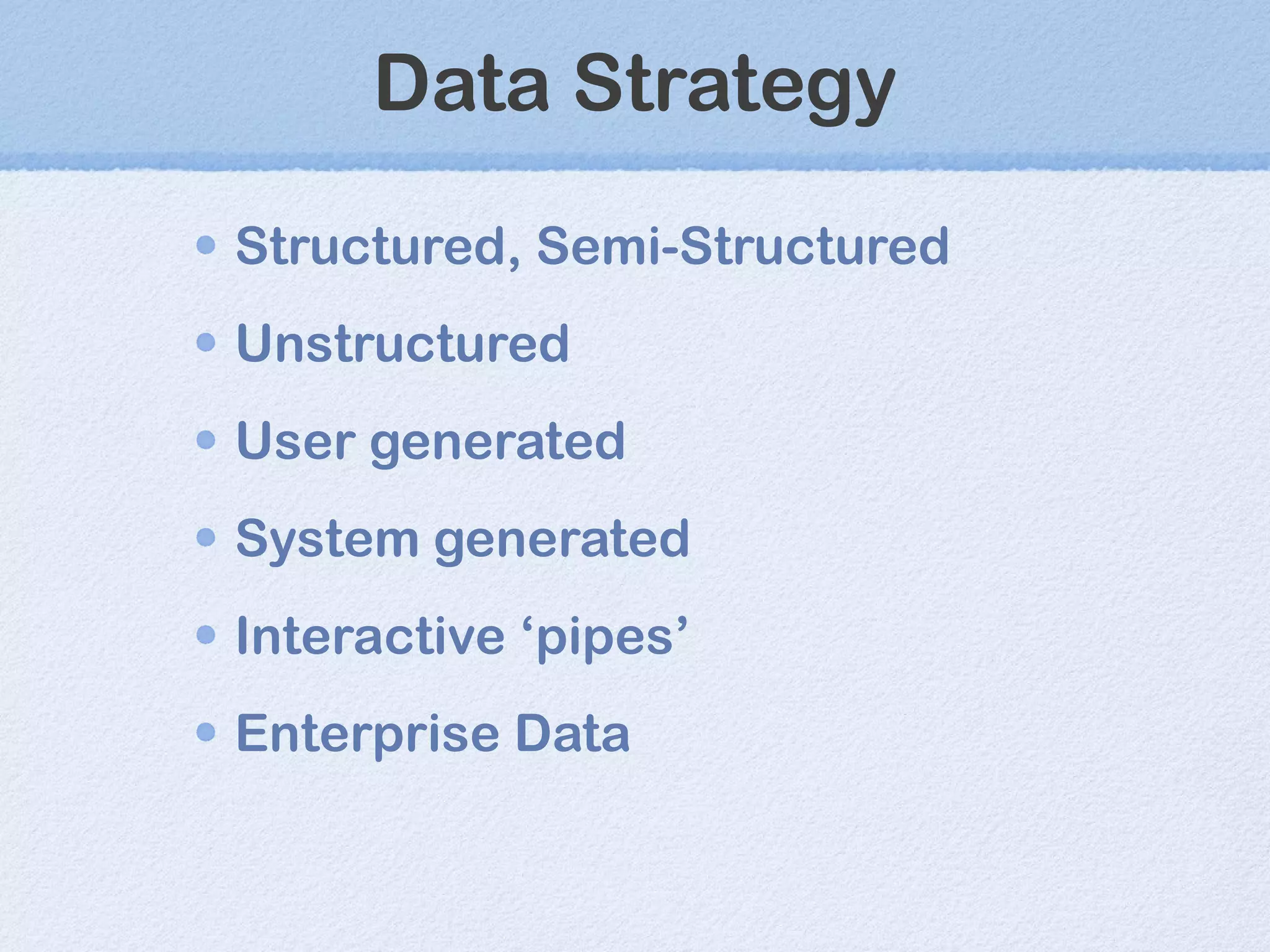 Data Strategy Structured, Semi-Structured Unstructured User generated System generated Interactive  ‘pipes’ Enterprise Data 