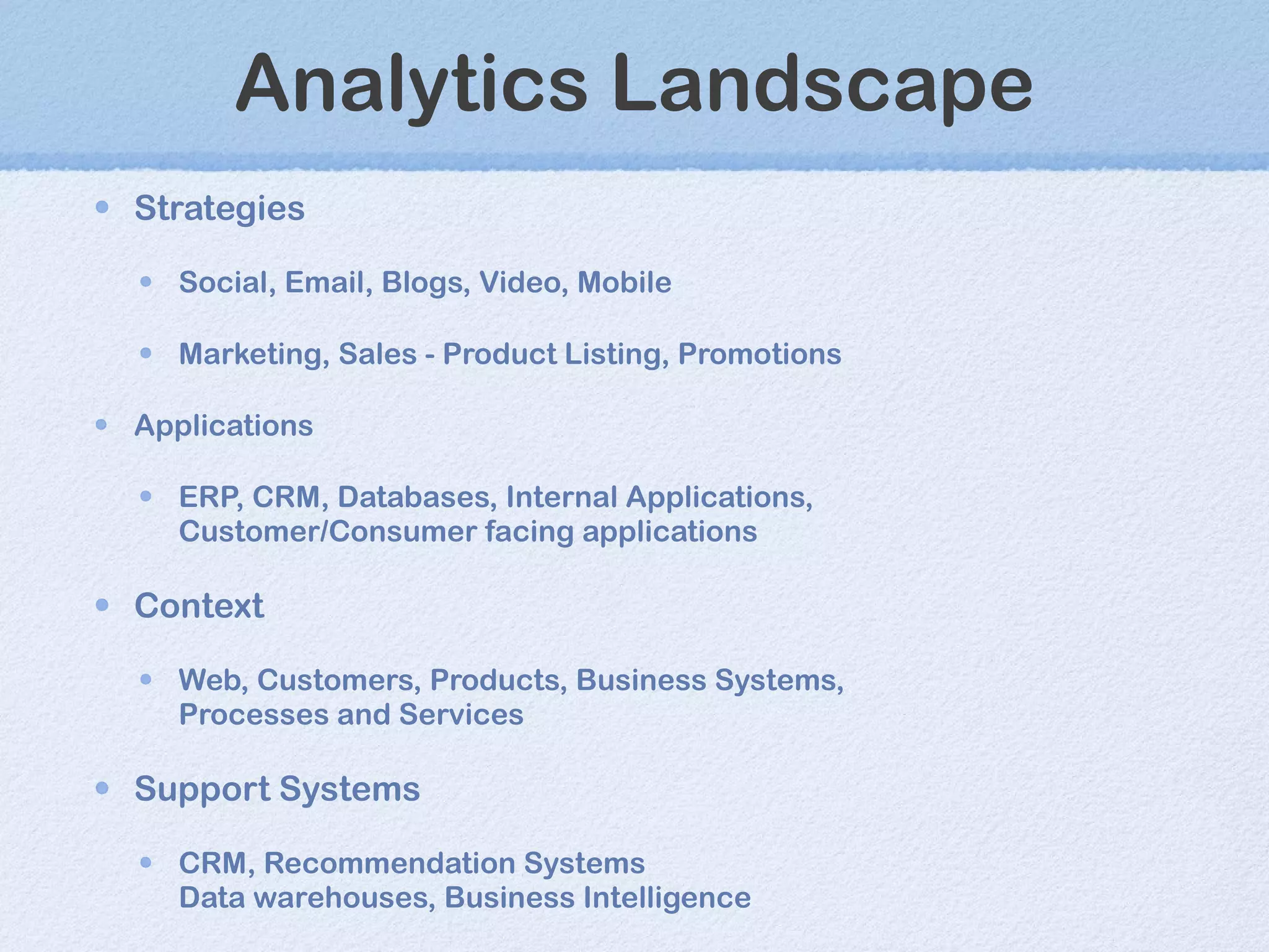 Analytics Landscape Strategies Social, Email, Blogs, Video, Mobile Marketing, Sales - Product Listing, Promotions Applications ERP, CRM, Databases, Internal Applications,  Customer/Consumer facing applications Context Web, Customers, Products, Business Systems, Processes and Services Support Systems CRM, Recommendation Systems Data warehouses, Business Intelligence 