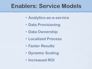 Enablers: Service Models Analytics-as-a-service Data Provisioning Data Ownership Localized Process Faster Results Dynamic Scaling Increased ROI 