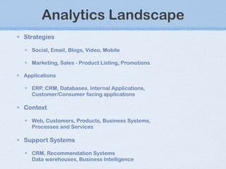 Analytics Landscape Strategies Social, Email, Blogs, Video, Mobile Marketing, Sales - Product Listing, Promotions Applications ERP, CRM, Databases, Internal Applications,  Customer/Consumer facing applications Context Web, Customers, Products, Business Systems, Processes and Services Support Systems CRM, Recommendation Systems Data warehouses, Business Intelligence 
