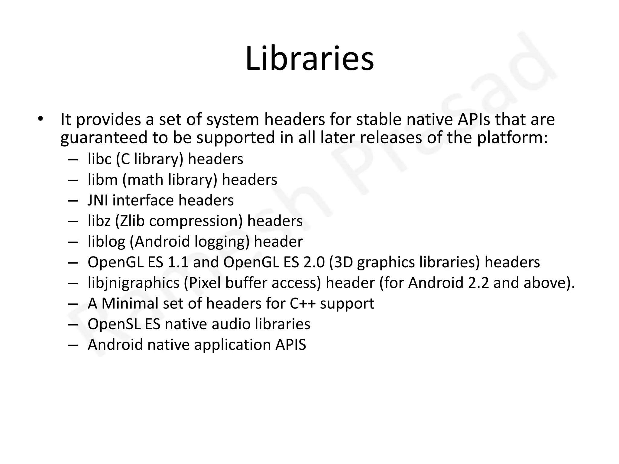C++ exceptionsThe Bionic libc routines do not handle C++ exceptions.They neither throw exceptions themselves, nor will they pass exceptions from a called function back through to their caller. So for example, if the cmp() routine passed to qsort() throws an exception the caller of qsort() will not see it.Support for C++ exceptions adds significant overhead to function calls, even just to pass thrown exceptions back to the caller. As Android's primary programming language is Java, which handles exceptions entirely within the runtime package, the designers chose to omit the lower level exception support.