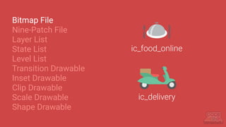 Bitmap File
Nine-Patch File
Layer List
State List
Level List
Transition Drawable
Inset Drawable
Clip Drawable
Scale Drawable
Shape Drawable
ic_food_online
ic_delivery
 