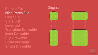 Bitmap File
Nine-Patch File
Layer List
State List
Level List
Transition Drawable
Inset Drawable
Clip Drawable
Scale Drawable
Shape Drawable
Original
 