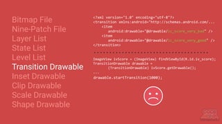 Bitmap File
Nine-Patch File
Layer List
State List
Level List
Transition Drawable
Inset Drawable
Clip Drawable
Scale Drawable
Shape Drawable
ImageView ivScore = (ImageView) findViewById(R.id.iv_score);
TransitionDrawable drawable =
(TransitionDrawable) ivScore.getDrawable();
...
drawable.startTransition(1000);
drawable.reverseTransition(1000);
<?xml version="1.0" encoding="utf-8"?>
<transition xmlns:android="http://schemas.android.com/...
<item
android:drawable="@drawable/ic_score_very_bad" />
<item
android:drawable="@drawable/ic_score_very_good" />
</transition>
 