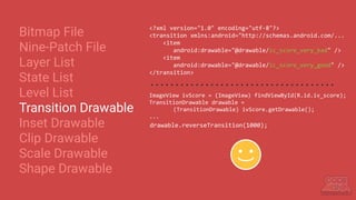 Bitmap File
Nine-Patch File
Layer List
State List
Level List
Transition Drawable
Inset Drawable
Clip Drawable
Scale Drawable
Shape Drawable
ImageView ivScore = (ImageView) findViewById(R.id.iv_score);
TransitionDrawable drawable =
(TransitionDrawable) ivScore.getDrawable();
...
drawable.reverseTransition(1000);
<?xml version="1.0" encoding="utf-8"?>
<transition xmlns:android="http://schemas.android.com/...
<item
android:drawable="@drawable/ic_score_very_bad" />
<item
android:drawable="@drawable/ic_score_very_good" />
</transition>
 