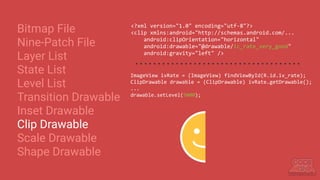 Bitmap File
Nine-Patch File
Layer List
State List
Level List
Transition Drawable
Inset Drawable
Clip Drawable
Scale Drawable
Shape Drawable
<?xml version="1.0" encoding="utf-8"?>
<clip xmlns:android="http://schemas.android.com/...
android:clipOrientation="horizontal"
android:drawable="@drawable/ic_rate_very_good"
android:gravity="left" />
ImageView ivRate = (ImageView) findViewById(R.id.iv_rate);
ClipDrawable drawable = (ClipDrawable) ivRate.getDrawable();
...
drawable.setLevel(5000);
 