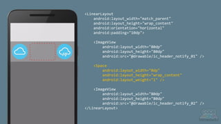 <LinearLayout
android:layout_width="match_parent"
android:layout_height="wrap_content"
android:orientation="horizontal"
android:padding="10dp">
<ImageView
android:layout_width="80dp"
android:layout_height="80dp"
android:src="@drawable/ic_header_notify_01" />
<Space
android:layout_width="0dp"
android:layout_height="wrap_content"
android:layout_weight="1" />
<ImageView
android:layout_width="80dp"
android:layout_height="80dp"
android:src="@drawable/ic_header_notify_02" />
</LinearLayout>
 