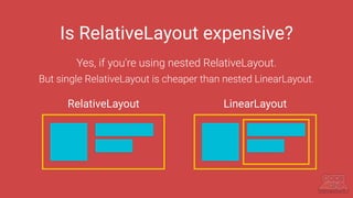 Is RelativeLayout expensive?
Yes, if you're using nested RelativeLayout.
But single RelativeLayout is cheaper than nested LinearLayout.
RelativeLayout LinearLayout
 