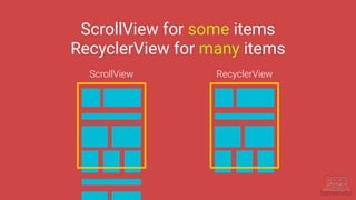 ScrollView for some items
RecyclerView for many items
ScrollView RecyclerView
 