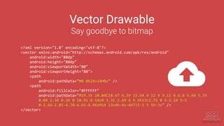 Vector Drawable
Say goodbye to bitmap
<?xml version="1.0" encoding="utf-8"?>
<vector xmlns:android="http://schemas.android.com/apk/res/android"
android:width="80dp"
android:height="80dp"
android:viewportWidth="80"
android:viewportHeight="80">
<path
android:pathData="M0 0h24v24H0z" />
<path
android:fillColor="#FFFFFF"
android:pathData="M19.35 10.04C18.67 6.59 15.64 4 12 4 9.11 4 6.6 5.64 5.35
8.04 2.34 8.36 0 10.91 0 14c0 3.31 2.69 6 6 6h13c2.76 0 5-2.24 5-5
0-2.64-2.05-4.78-4.65-4.96zM14 13v4h-4v-4H7l5-5 5 5h-3z" />
</vector>
 