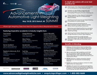 www.advancedlightweightvehicle.com • enquiryiqpc@iqpc.com • 1-800-882-8684
presents:
-
May 18-20, 2015 Detroit, MI
Where Light-Weighting Objectives Meet the Opportunities & Requirements Ahead
Featuring imperative academic & industry insights from:
Tony Kmeid
VP Engineering
Faurecia
Gregg Peterson
Senior Technical Specialist
Lotus Engineering
Mark Piekny
Manager - Interiors Engineering
Fisker Automotive
Rigoberto Advincula, Ph.D
Professor
Case Western Reserve
University
Gerald Cole
Senior Staff Technical Specialist
Retired from Ford Motor Company
Thomas Fritz
VP of Vehicle Structures
Metalsa
Will Joost
Technology Development Manager
Vehicle Technologies Office -
U.S. DOE
Simon Xu
Engineering Group Manager -
Vehicle Optimization, Architecture
Strategy
General Motors
Victor Polen
Group Vice President and General
Manager Global Metals and
Mechanisms
Johnson Controls
Dr Mark White
Chief Engineer, Body Complete
Jaguar Land Rover Product
Development
Sujit Das
Sr. Research & Development Staff
Oak Ridge National Lab
Carson Meredith
Professor and Associate
Chair for Graduate Studies,
J. Carl Pirkle Senior Faculty
Fellow, School of Chemical &
Biomolecular Engineering
Georgia Tech
Darren Goddard
Head of Vehicle Engineering
McLaren Automotive Ltd
Andrew Hrymak
Dean, Faculty of Engineering
- Professor, Chemical and
Biochemical Engineering
Western University
Media Partners:
In-depth discussions will cover best
practices for:
Benefits of Attending:
Global Supply Chain Advancements and Innovation
for the Development of New Material Sources
Formation of Light Weight Components and
Structures through Innovative Means like 3D
Printing/Rapid Protoyping, Extrusion, Stampings etc.
Design Integration of New Material Combinations
and Modeling for Nest Era of Advanced Multi-
Material Vehicles
Identifying Growth Areas through Digital Modeling
& Visualization for Vehicle Designs
Manufacturing and Joining Practices to
Accommodate the Change in Material Strategy
Without Sacrificing Existing Infrastructure
Maximizing Light Weighting Efforts by Leveraging
Mass De-Compounding and Holistic Vehicle Light
Weighting Strategy
Advancing Overall Vehicle Weight Reduction Goals
through Discussion of Interior Light-weighting
Identifying the Next Era of High-Strength,
High-Performance, Light Weight Materials being
Developed in R&D Labs and Universities Across
the Globe
ü
ü
ü
ü
ü
ü
ü
ü
Access an intimate industry forum to discuss the
most effective strategies to integrate light-weight
materials into mass production and manage your
emissions strategy
Join an automotive light-weighting summit that
isn’t just focused on chassis and body structure
light-weighting but rather approaches the subject
matter holistically to drive optimal value back to your
organizations efforts
Identify advances in global automotive industry
applications for new polymers and developing
materials
Expand your network of industry contacts to create
opportunities for collaboration
Interface with government agencies and regulatory
experts for assurance on your emission strategy and
an update on how to best leverage the resources put
forth by groups like DOE, NHTSA and DOT.
 
