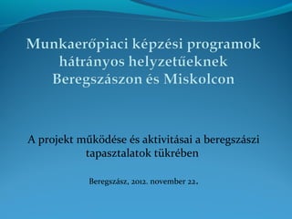 A projekt működése és aktivitásai a beregszászi
tapasztalatok tükrében
Beregszász, 2012. november 22.
 