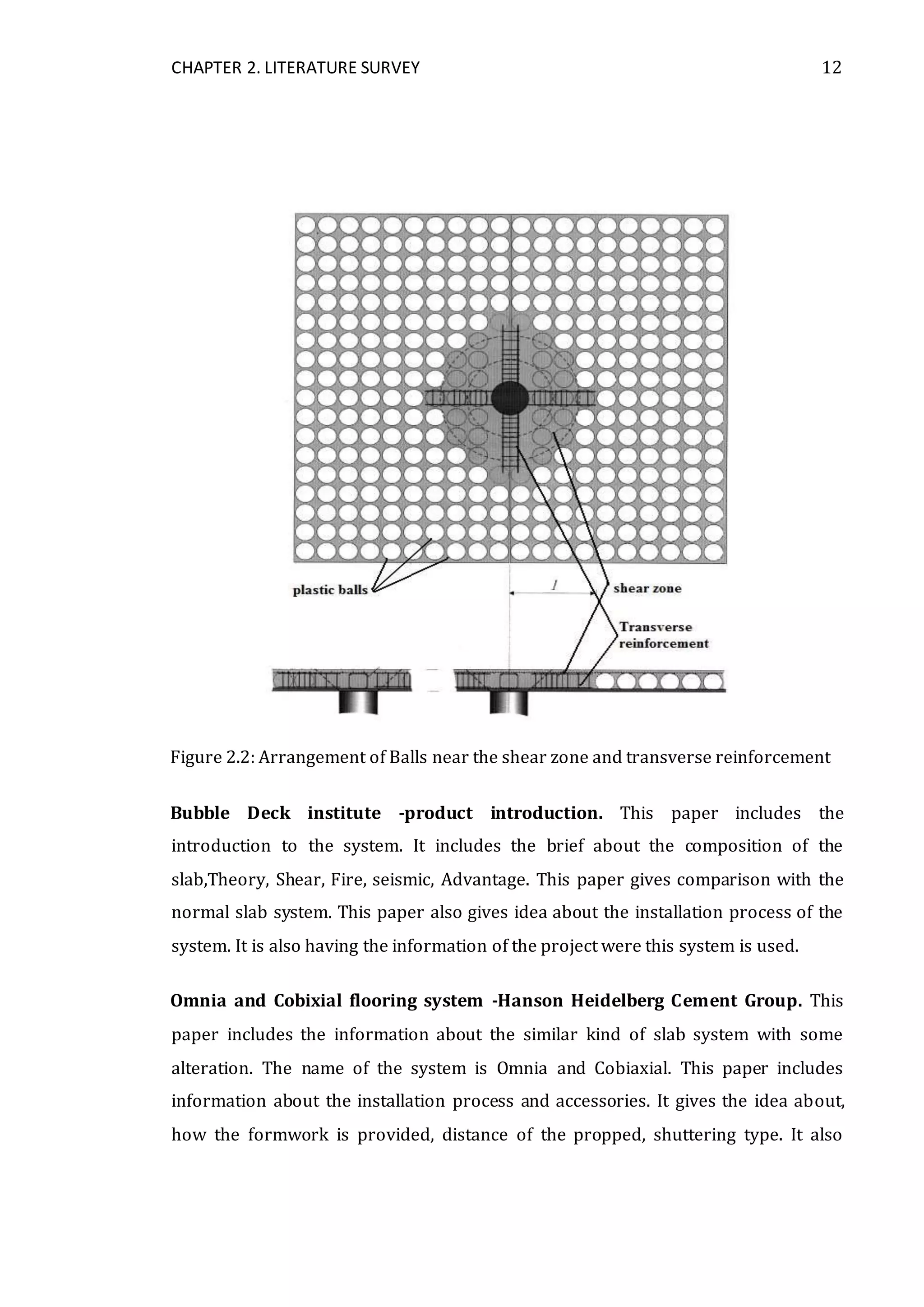 CHAPTER 2. LITERATURE SURVEY 12
Figure 2.2: Arrangement of Balls near the shear zone and transverse reinforcement
Bubble Deck institute -product introduction. This paper includes the
introduction to the system. It includes the brief about the composition of the
slab,Theory, Shear, Fire, seismic, Advantage. This paper gives comparison with the
normal slab system. This paper also gives idea about the installation process of the
system. It is also having the information of the project were this system is used.
Omnia and Cobixial flooring system -Hanson Heidelberg Cement Group. This
paper includes the information about the similar kind of slab system with some
alteration. The name of the system is Omnia and Cobiaxial. This paper includes
information about the installation process and accessories. It gives the idea about,
how the formwork is provided, distance of the propped, shuttering type. It also
 