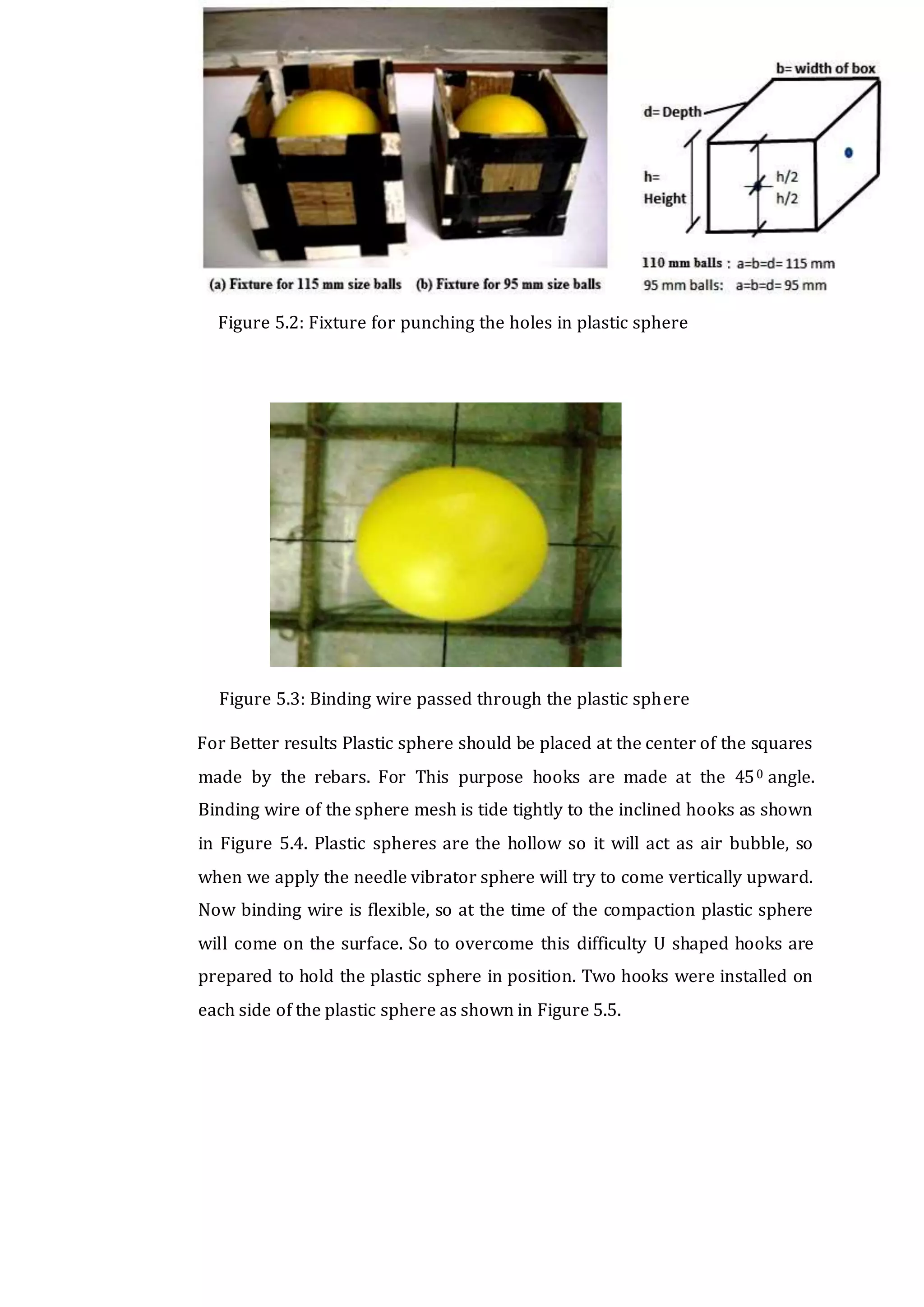 CHAPTER 5. EXPERIMENTAL WORK DETAILS 38
Figure 5.2: Fixture for punching the holes in plastic sphere
Figure 5.3: Binding wire passed through the plastic sphere
For Better results Plastic sphere should be placed at the center of the squares
made by the rebars. For This purpose hooks are made at the 450 angle.
Binding wire of the sphere mesh is tide tightly to the inclined hooks as shown
in Figure 5.4. Plastic spheres are the hollow so it will act as air bubble, so
when we apply the needle vibrator sphere will try to come vertically upward.
Now binding wire is flexible, so at the time of the compaction plastic sphere
will come on the surface. So to overcome this difficulty U shaped hooks are
prepared to hold the plastic sphere in position. Two hooks were installed on
each side of the plastic sphere as shown in Figure 5.5.
 