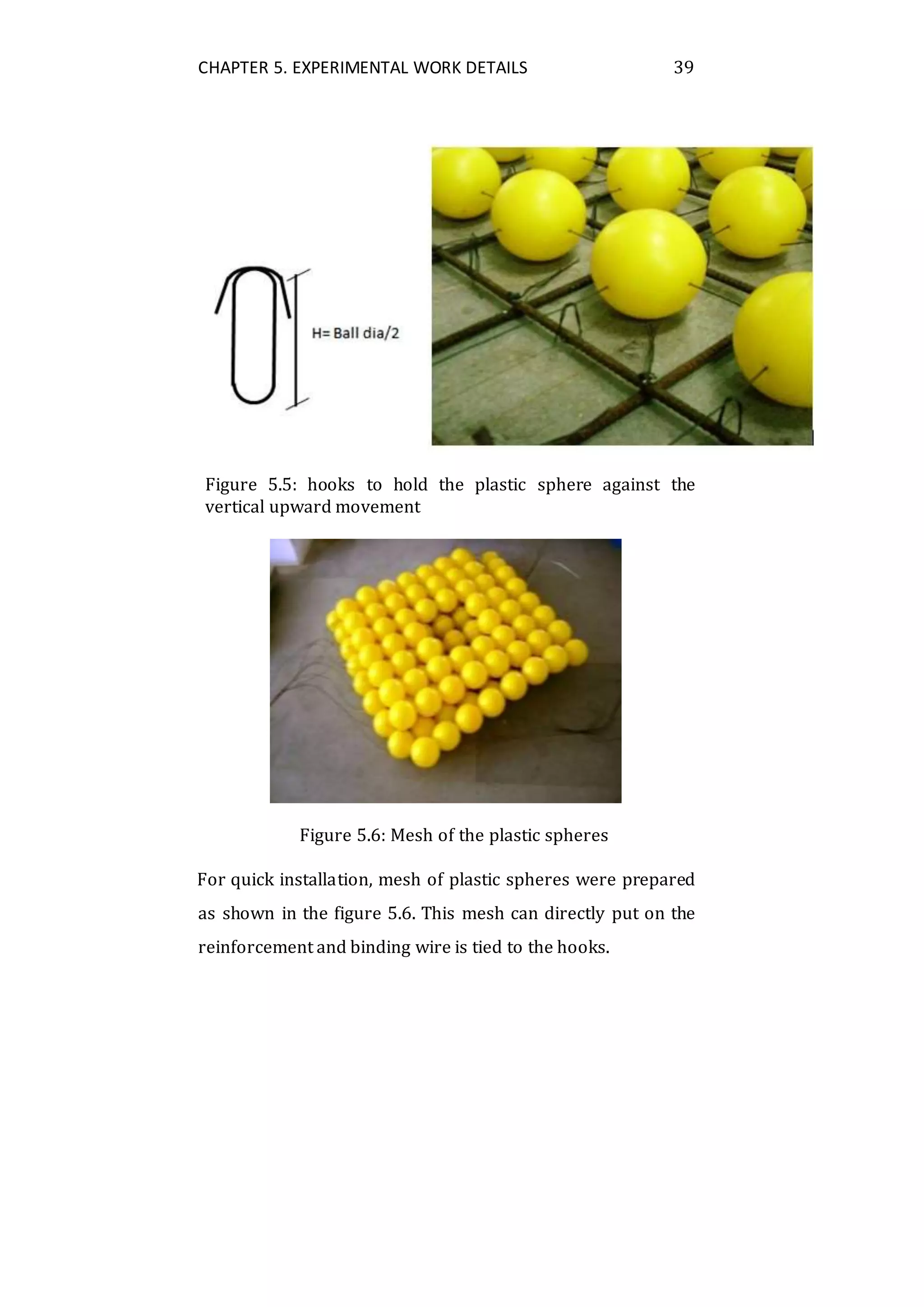 CHAPTER 5. EXPERIMENTAL WORK DETAILS 39
Figure 5.5: hooks to hold the plastic sphere against the
vertical upward movement
Figure 5.6: Mesh of the plastic spheres
For quick installation, mesh of plastic spheres were prepared
as shown in the figure 5.6. This mesh can directly put on the
reinforcement and binding wire is tied to the hooks.
 