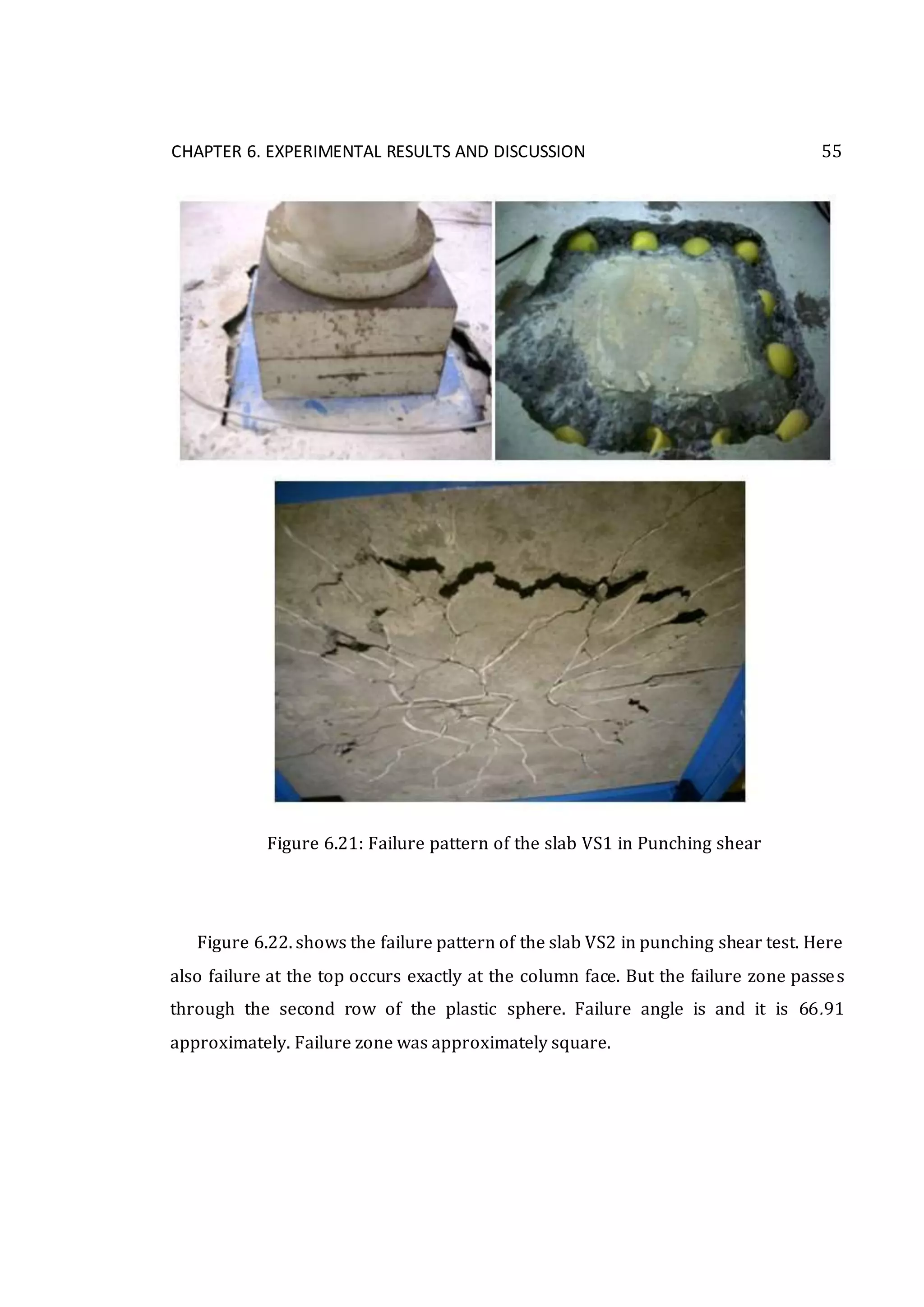 CHAPTER 6. EXPERIMENTAL RESULTS AND DISCUSSION 55
Figure 6.21: Failure pattern of the slab VS1 in Punching shear
Figure 6.22. shows the failure pattern of the slab VS2 in punching shear test. Here
also failure at the top occurs exactly at the column face. But the failure zone passes
through the second row of the plastic sphere. Failure angle is and it is 66.91
approximately. Failure zone was approximately square.
 