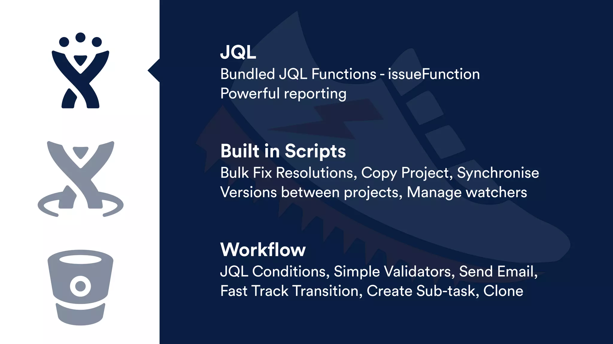 JQL
Bundled JQL Functions - issueFunction
Powerful reporting
Built in Scripts
Bulk Fix Resolutions, Copy Project, Synchronise
Versions between projects, Manage watchers
Workflow
JQL Conditions, Simple Validators, Send Email,
Fast Track Transition, Create Sub-task, Clone
 