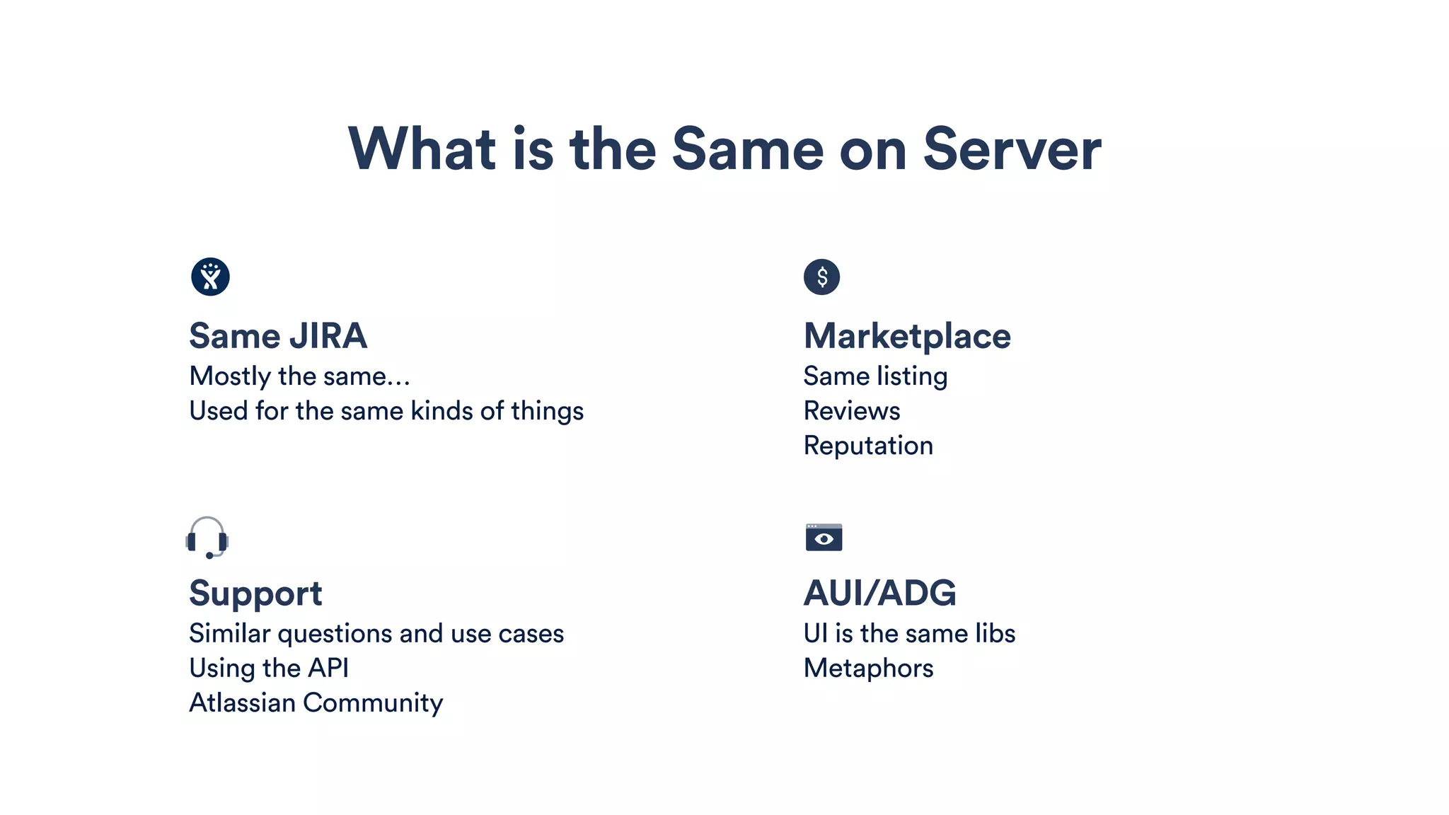 What is the Same on Server
Support
Similar questions and use cases
Using the API
Atlassian Community
AUI/ADG
UI is the same libs
Metaphors
Same JIRA
Mostly the same…
Used for the same kinds of things
Marketplace
Same listing
Reviews
Reputation
 