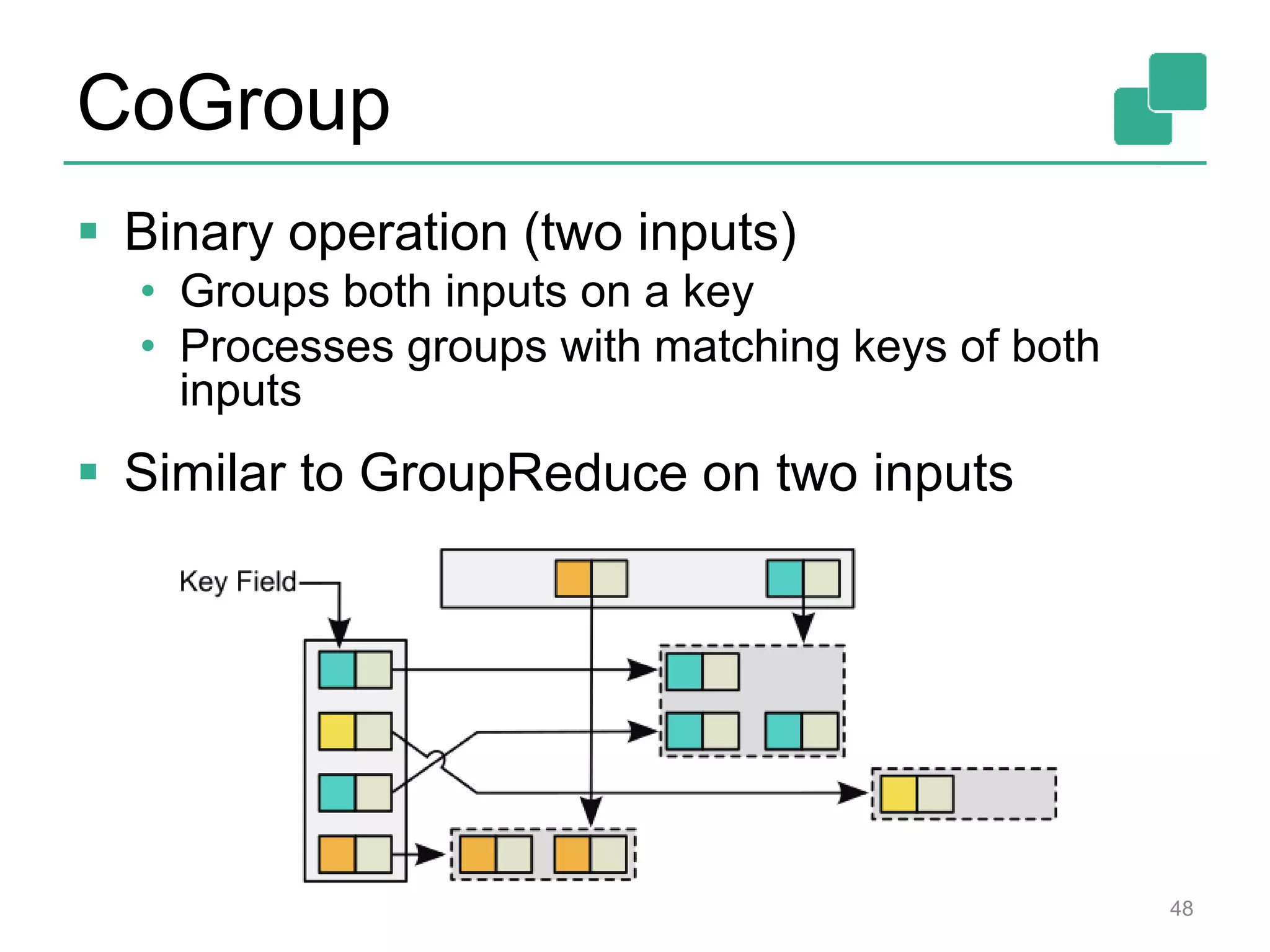 CoGroup
 Binary operation (two inputs)
• Groups both inputs on a key
• Processes groups with matching keys of both
inputs
 Similar to GroupReduce on two inputs
48
 