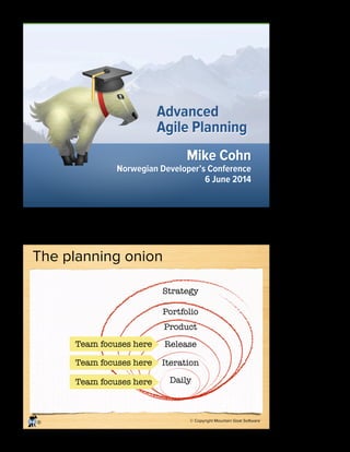 Mike Cohn
Norwegian Developer’s Conference
6 June 2014
Advanced
Agile Planning
© Copyright Mountain Goat Software
®
The planning onion
Daily
Iteration
Release
Product
Portfolio
Strategy
Team focuses here
Team focuses here
Team focuses here
1
2
 