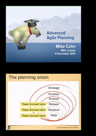 Advanced
Agile Planning
Mike Cohn

NDC London
6 December 2013

1

The planning onion
Strategy
Portfolio
Product
Team focuses here
Team focuses here

Iteration

Team focuses here

®

Release

Daily

© Copyright Mountain Goat Software

2

 