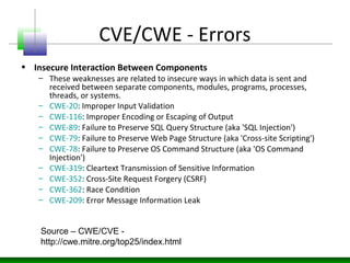 CVE/CWE - Errors
• Insecure Interaction Between Components
– These weaknesses are related to insecure ways in which data i...