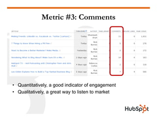 Metric #3: Comments
Q tit ti l d i di t f t• Quantitatively, a good indicator of engagement
• Qualitatively, a great way to listen to market
 