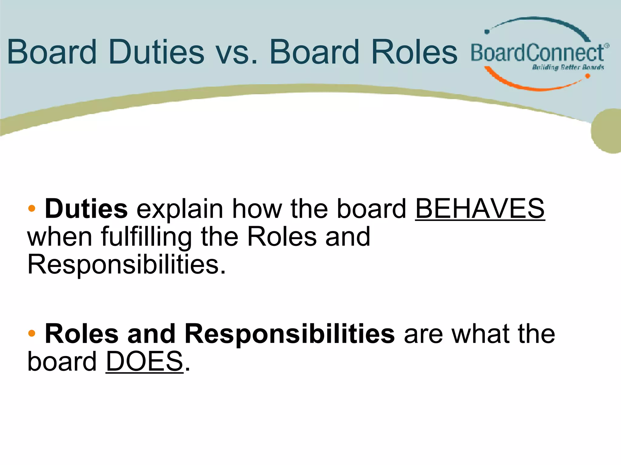 Board Duties vs. Board Roles Duties  explain how the board  BEHAVES  when fulfilling the Roles and Responsibilities. Roles and Responsibilities  are what the board  DOES . 