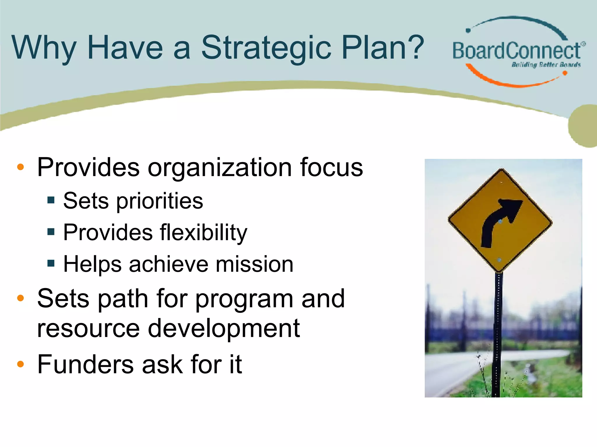 Why Have a Strategic Plan? Provides organization focus Sets priorities  Provides flexibility  Helps achieve mission Sets path for program and resource development Funders ask for it 