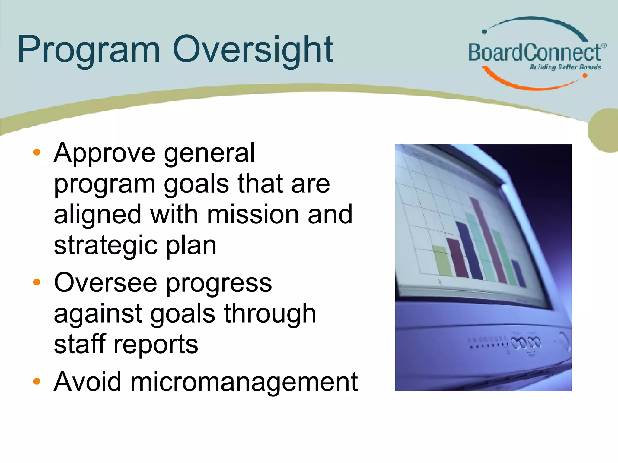 Program Oversight Approve general program goals that are aligned with mission and strategic plan Oversee progress against goals through staff reports Avoid micromanagement 
