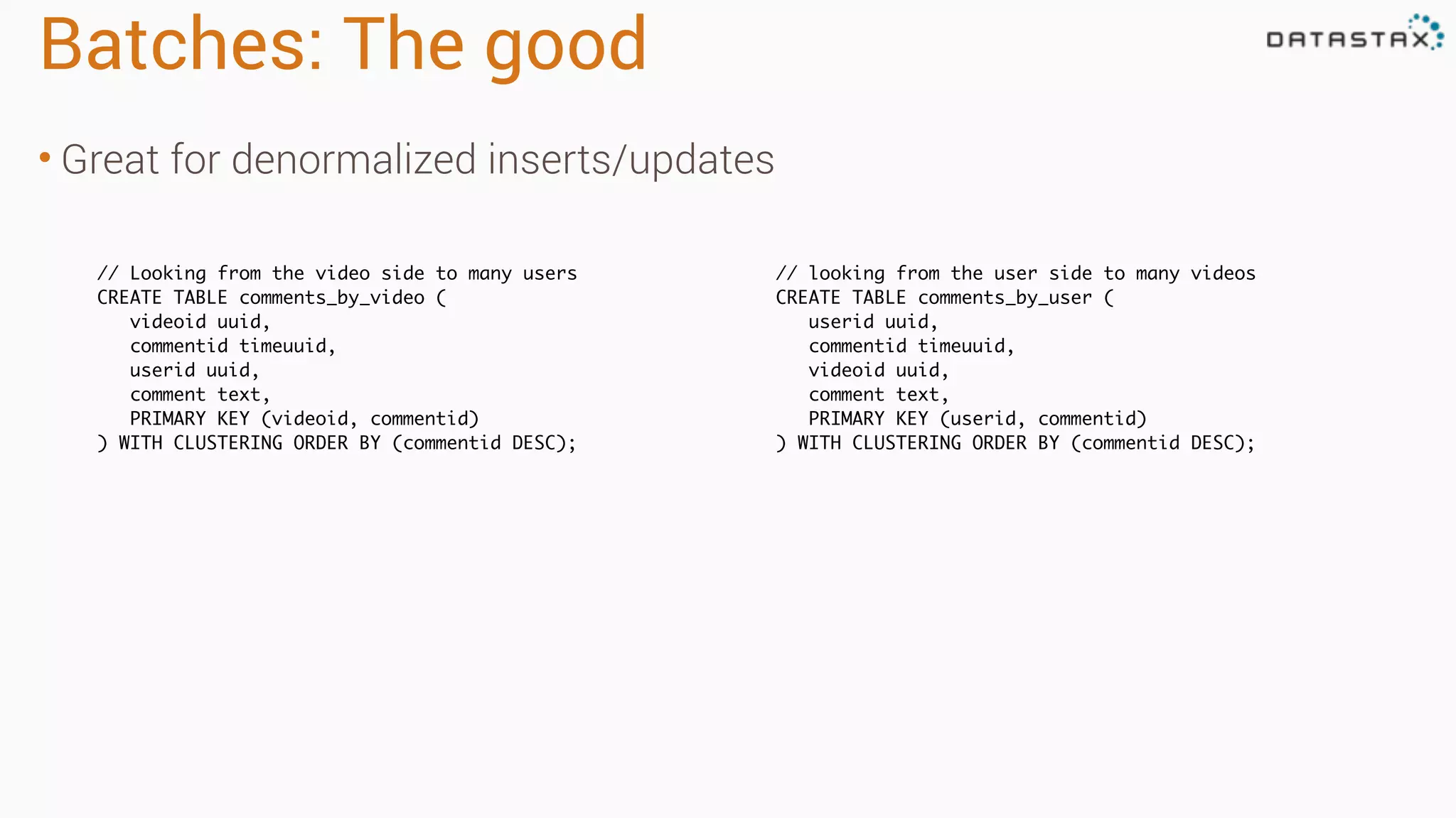 Batches: The good
• Great for denormalized inserts/updates
// Looking from the video side to many users
CREATE TABLE comments_by_video (
videoid uuid,
commentid timeuuid,
userid uuid,
comment text,
PRIMARY KEY (videoid, commentid)
) WITH CLUSTERING ORDER BY (commentid DESC);
// looking from the user side to many videos
CREATE TABLE comments_by_user (
userid uuid,
commentid timeuuid,
videoid uuid,
comment text,
PRIMARY KEY (userid, commentid)
) WITH CLUSTERING ORDER BY (commentid DESC);
 