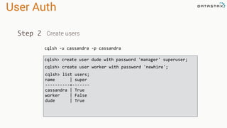 User Auth
cqlsh -u cassandra -p cassandra
Step 2 Create users
cqlsh> create user dude with password 'manager' superuser;
cqlsh> create user worker with password 'newhire';
cqlsh> list users;
name | super
----------+-------
cassandra | True
worker | False
dude | True
 