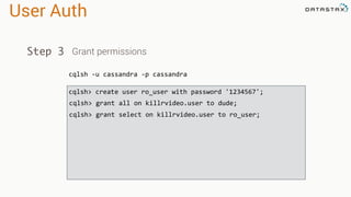 User Auth
cqlsh -u cassandra -p cassandra
Step 3 Grant permissions
cqlsh> create user ro_user with password '1234567';
cqlsh> grant all on killrvideo.user to dude;
cqlsh> grant select on killrvideo.user to ro_user;
 
