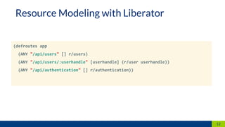 12
Resource Modeling with Liberator
(defroutes app
(ANY "/api/users" [] r/users)
(ANY "/api/users/:userhandle" [userhandle] (r/user userhandle))
(ANY "/api/authentication" [] r/authentication))
 