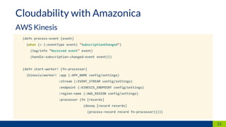 (defn process-event [event]
(when (= (:eventType event) "SubscriptionChanged")
(log/info "Received event" event)
(handle-subscription-changed-event event)))
(defn start-worker! [fn-processor]
(kinesis/worker! :app (:APP_NAME config/settings)
:stream (:EVENT_STREAM config/settings)
:endpoint (:KINESIS_ENDPOINT config/settings)
:region-name (:AWS_REGION config/settings)
:processor (fn [records]
(doseq [record records]
(process-record record fn-processor)))))
22
Cloudability with Amazonica
AWS Kinesis
 