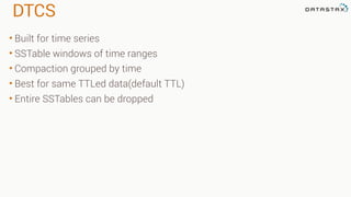 DTCS
• Built for time series
• SSTable windows of time ranges
• Compaction grouped by time
• Best for same TTLed data(default TTL)
• Entire SSTables can be dropped
 