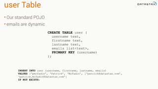user Table
• Our standard POJO
• emails are dynamic
CREATE TABLE user (
username text,
firstname text,
lastname text,
emails list<text>,
PRIMARY KEY (username)
);
INSERT INTO user (username, firstname, lastname, emails)
VALUES (‘pmcfadin’, ‘Patrick’, ‘McFadin’, [‘patrick@datastax.com’,
‘patrick.mcfadin@datastax.com’]
IF NOT EXISTS;
 