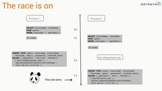 The race is on
Process 1 Process 2
SELECT firstName, lastName
FROM users
WHERE username = 'pmcfadin';
SELECT firstName, lastName
FROM users
WHERE username = 'pmcfadin';
(0 rows)
(0 rows)
INSERT INTO users (username, firstname,
lastname, email, password, created_date)
VALUES ('pmcfadin','Patrick','McFadin',
['patrick@datastax.com'],
'ba27e03fd95e507daf2937c937d499ab',
'2011-06-20 13:50:00');
INSERT INTO users (username, firstname,
lastname, email, password, created_date)
VALUES ('pmcfadin','Paul','McFadin',
['paul@oracle.com'],
'ea24e13ad95a209ded8912e937d499de',
'2011-06-20 13:51:00');
T0
T1
T2
T3
Got nothing! Good to go!
This one wins
 