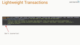 Lightweight Transactions
Don’t overwrite!
INSERT INTO videos (videoid, name, userid, description, location, location_type, preview_thumbnails, tags, added_date, metadata) 
VALUES (06049cbb-dfed-421f-b889-5f649a0de1ed,'The data model is dead. Long live the data model.',
9761d3d7-7fbd-4269-9988-6cfd4e188678,  
'First in a three part series for Cassandra Data Modeling','http://www.youtube.com/watch?v=px6U2n74q3g',1, 
{'YouTube':'http://www.youtube.com/watch?v=px6U2n74q3g'},{'cassandra','data model','relational','instruction'}, 
'2013-05-02 12:30:29’)
IF NOT EXISTS;
 