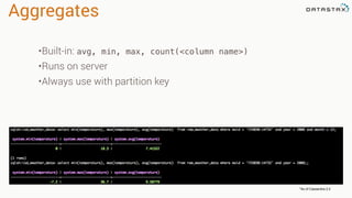Aggregates
*As of Cassandra 2.2
•Built-in: avg, min, max, count(<column name>)
•Runs on server
•Always use with partition key
 