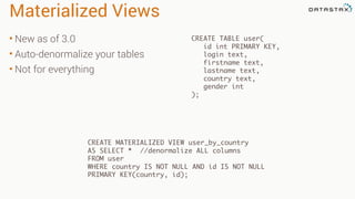 Materialized Views
CREATE TABLE user(
id int PRIMARY KEY,
login text,
firstname text,
lastname text,
country text,
gender int
);
• New as of 3.0
• Auto-denormalize your tables
• Not for everything
CREATE MATERIALIZED VIEW user_by_country
AS SELECT * //denormalize ALL columns
FROM user
WHERE country IS NOT NULL AND id IS NOT NULL
PRIMARY KEY(country, id);
 